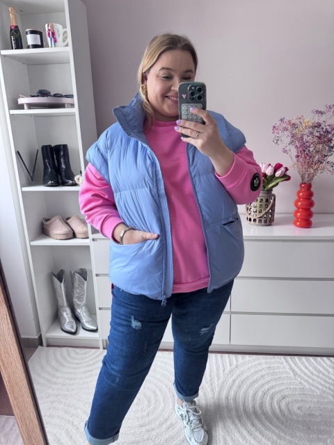 KAMIZELKA PUCHOWA NIEBIESKA,PUDER RÓŻ